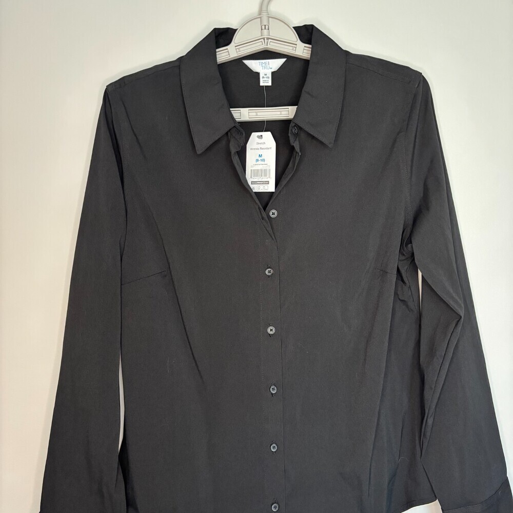 TME & TRU NEW Button Up Long Sleeve Blouse Womens M (8-10) Black Stretch Server